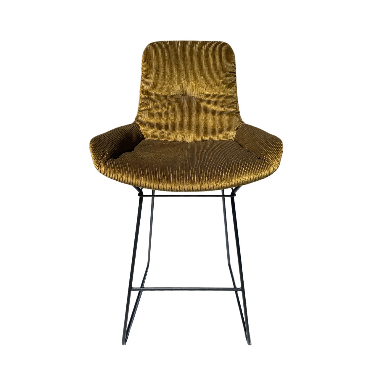 Leya Counter Armchair Low in ockergelbem Velours Riga Kaki mit schwarzem Drahtgestell, Frontansicht
