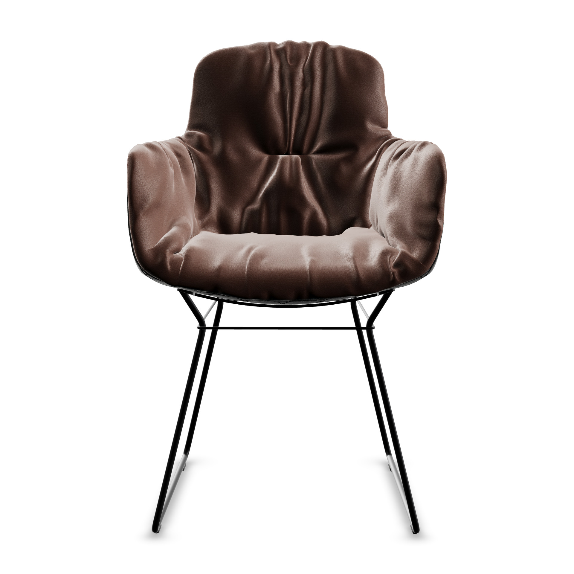 Leya Armchair High in braunem Leder Sahara Cognac mit schwarzem Drahtgestell, Frontansicht