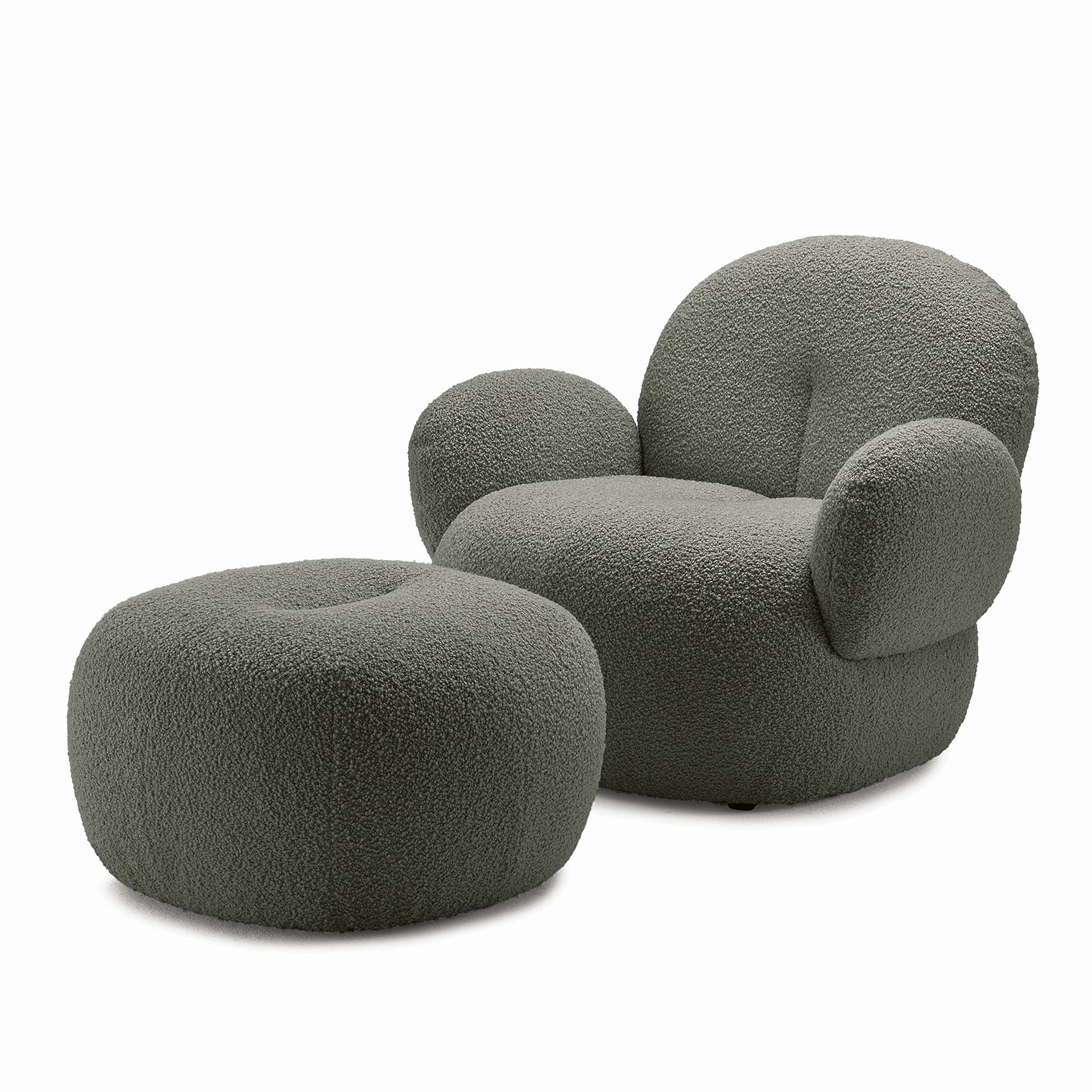 Nana Love Seat mit Pouf in graugrünem Bouclé-Stoff Nimbus Loden, drehbar, schräg von vorn