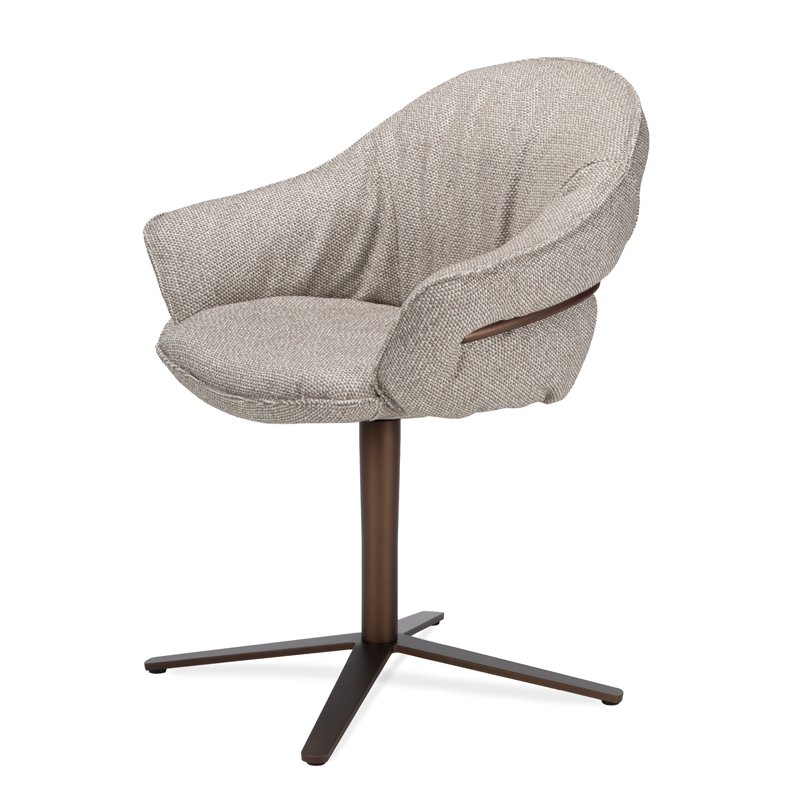 Marie Armchair in hellgrauem Stoff Safire mit Fußkreuz in Stahl Kupfer Lasur, schräg von vorn