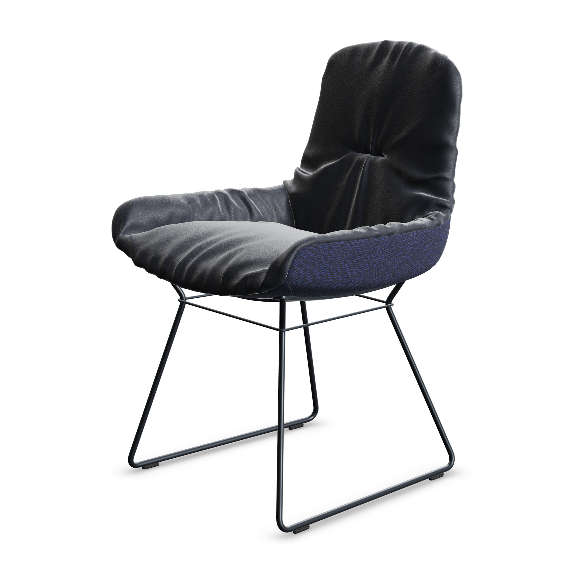 Leya Armchair Low in dunklem Leder Opium Oceano mit blauer Außenseite in Stoff Safire 0011, Drahtgestell, schräg von vorn