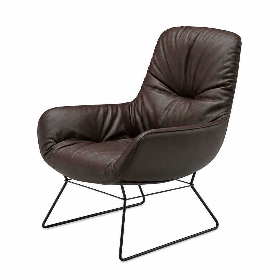 Leya Lounge Chair in dunkelbraunem Leder Sahara Canelo mit schwarzem Drahtgestell, schräg von vorn