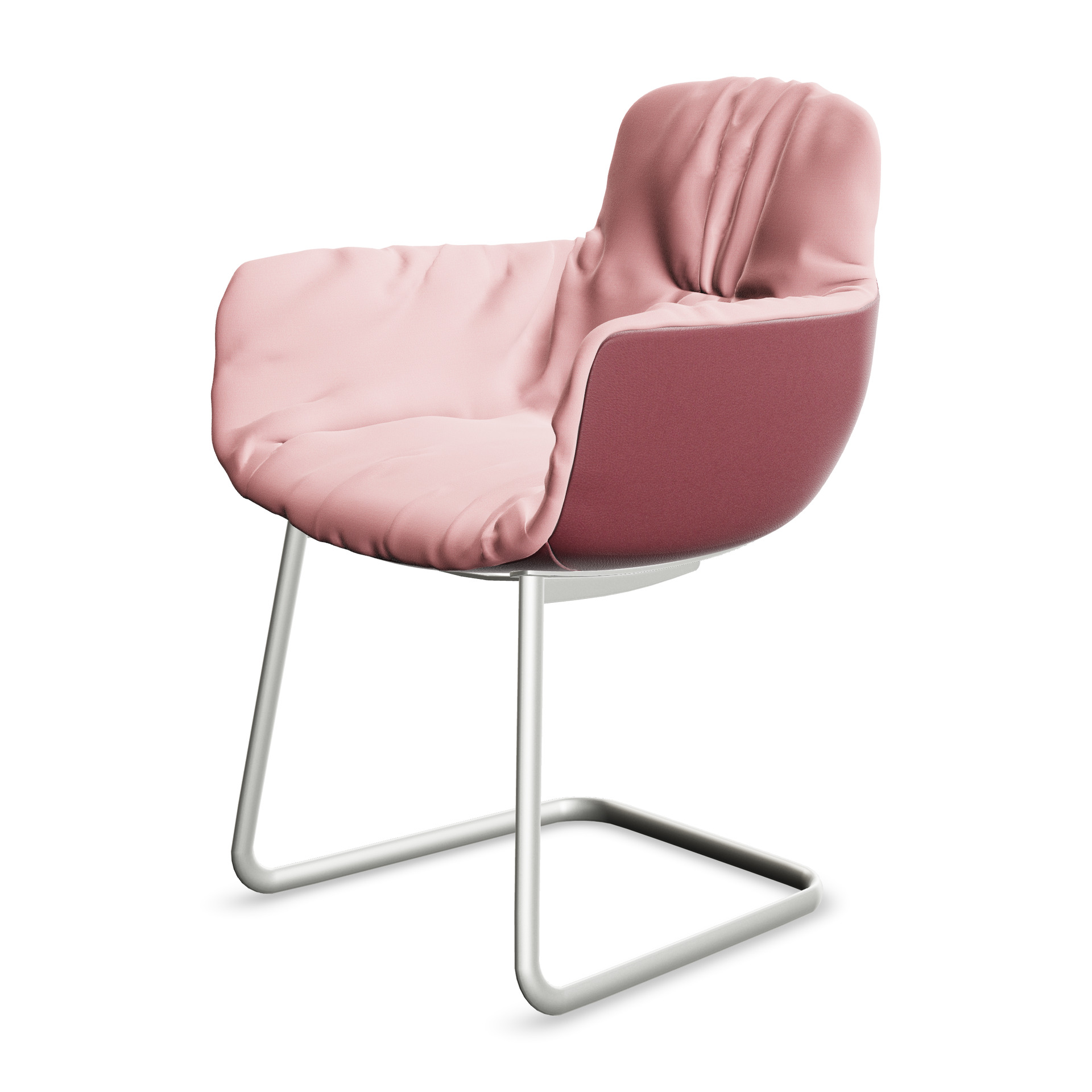 Leya Armchair High in rosa Stoff Vidar 0622, Außenseite Leder Opium Magma, weißes Freischwinger-Gestell, schräg von vorn